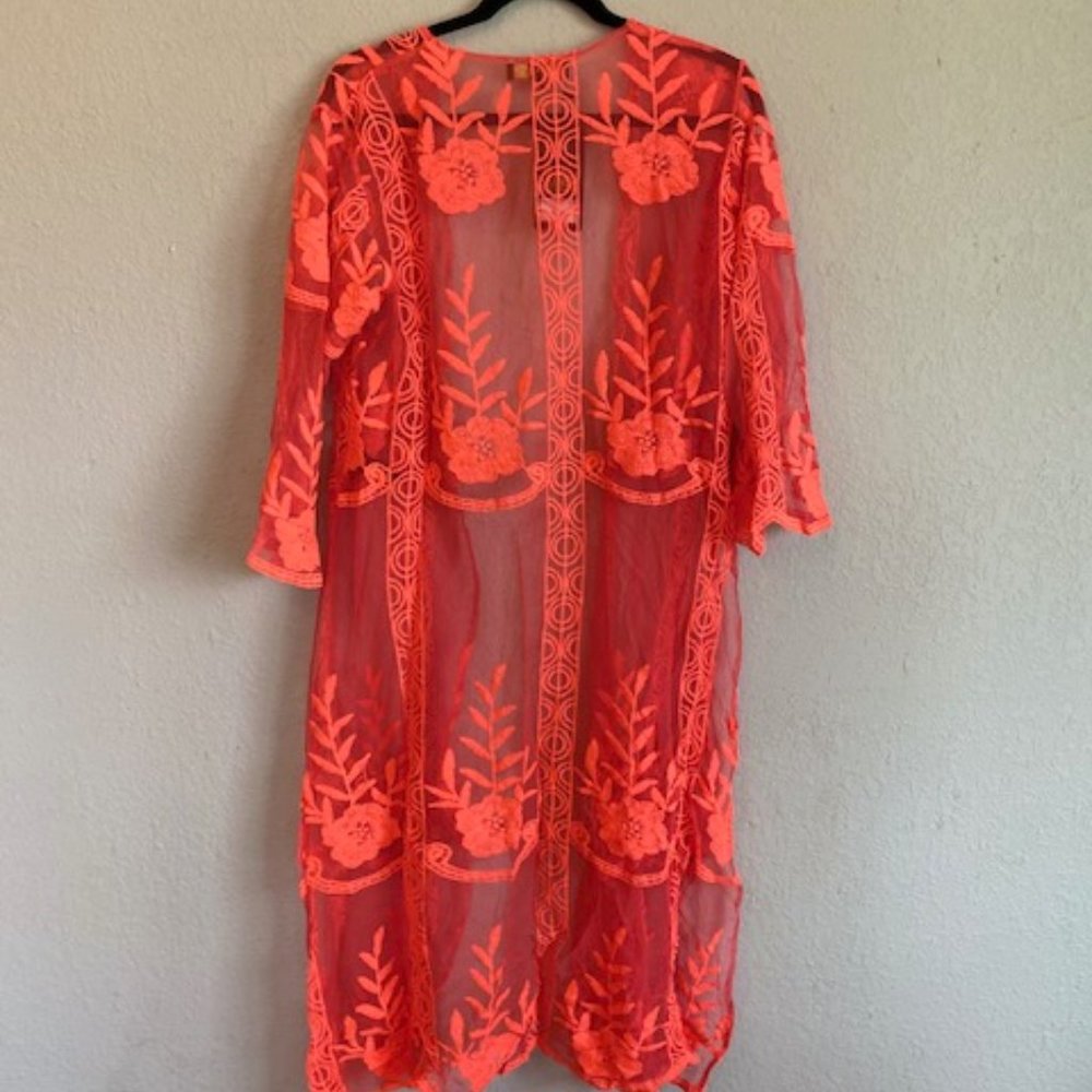 Coral Lace Duster with 3/4 Sleeves Kimono - Picture 2 of 7